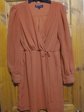 Coral Long-Sleeve Faux Wrap Dress with Tie Waist